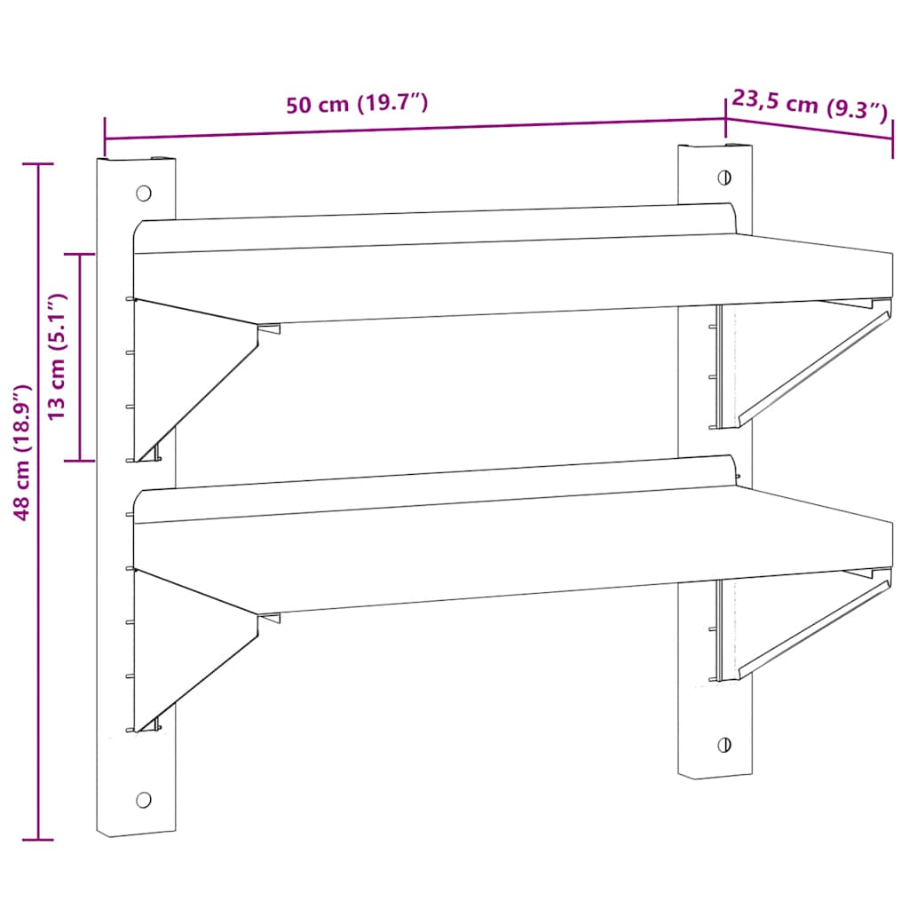 Estante parede 2 prateleiras 50x23,5x60 cm aço inoxidável prata