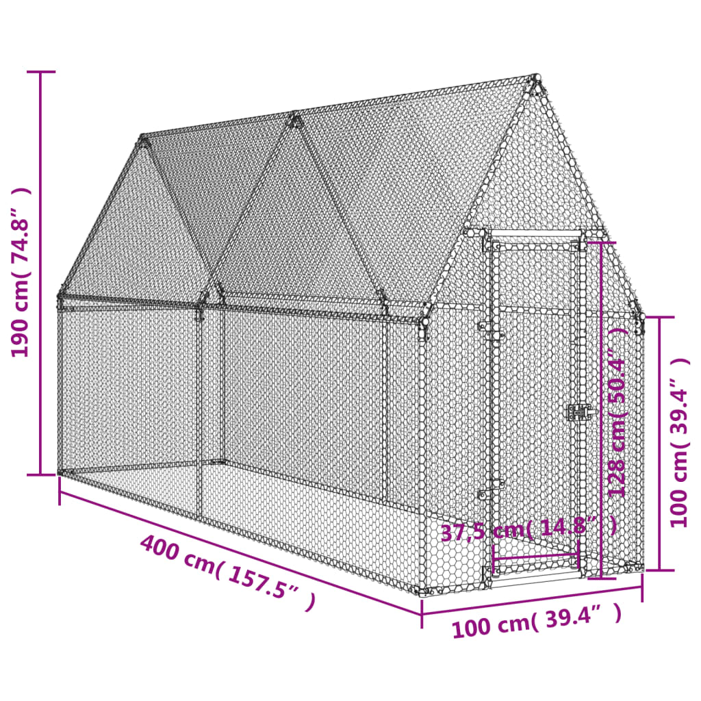 Galinheiro 400x100x190 cm aço galvanizado prateado