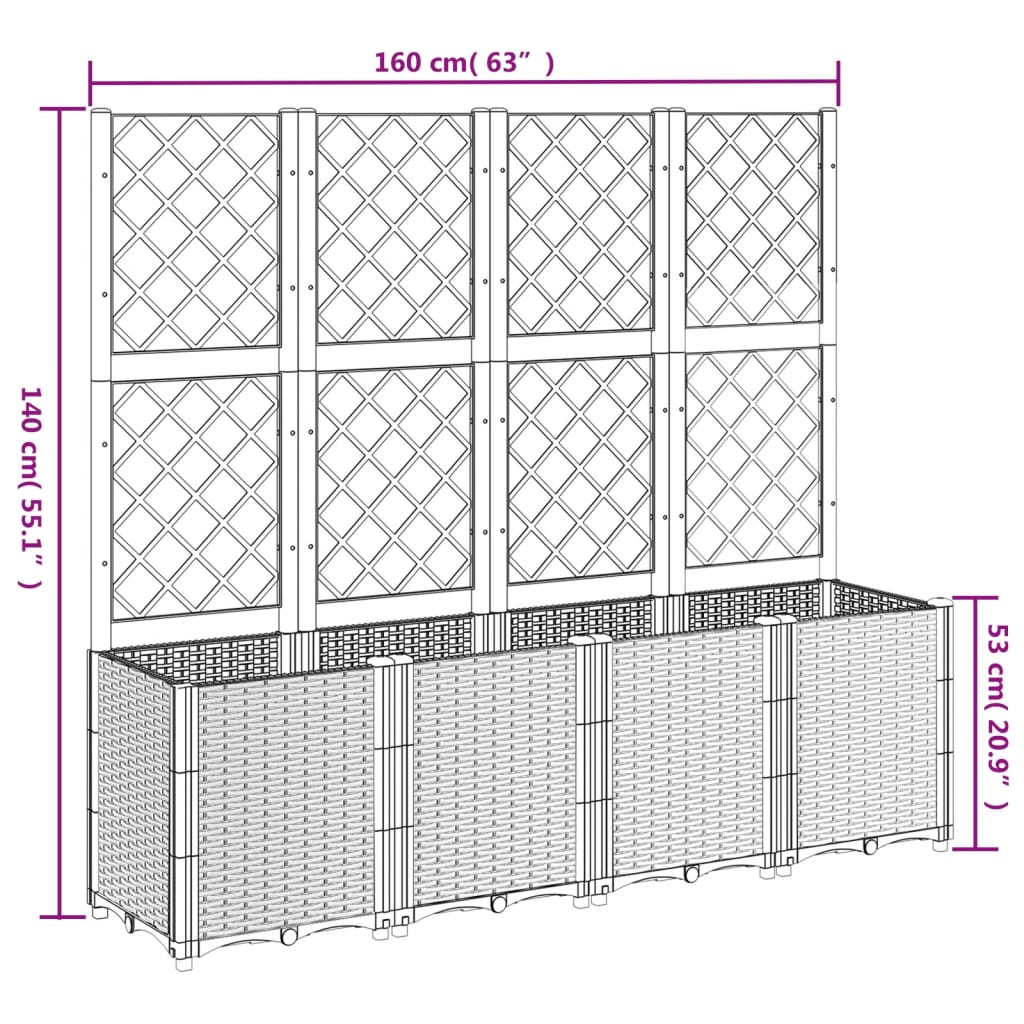 Vaso/floreira de jardim c/ treliça 160x40x140 cm PP branco