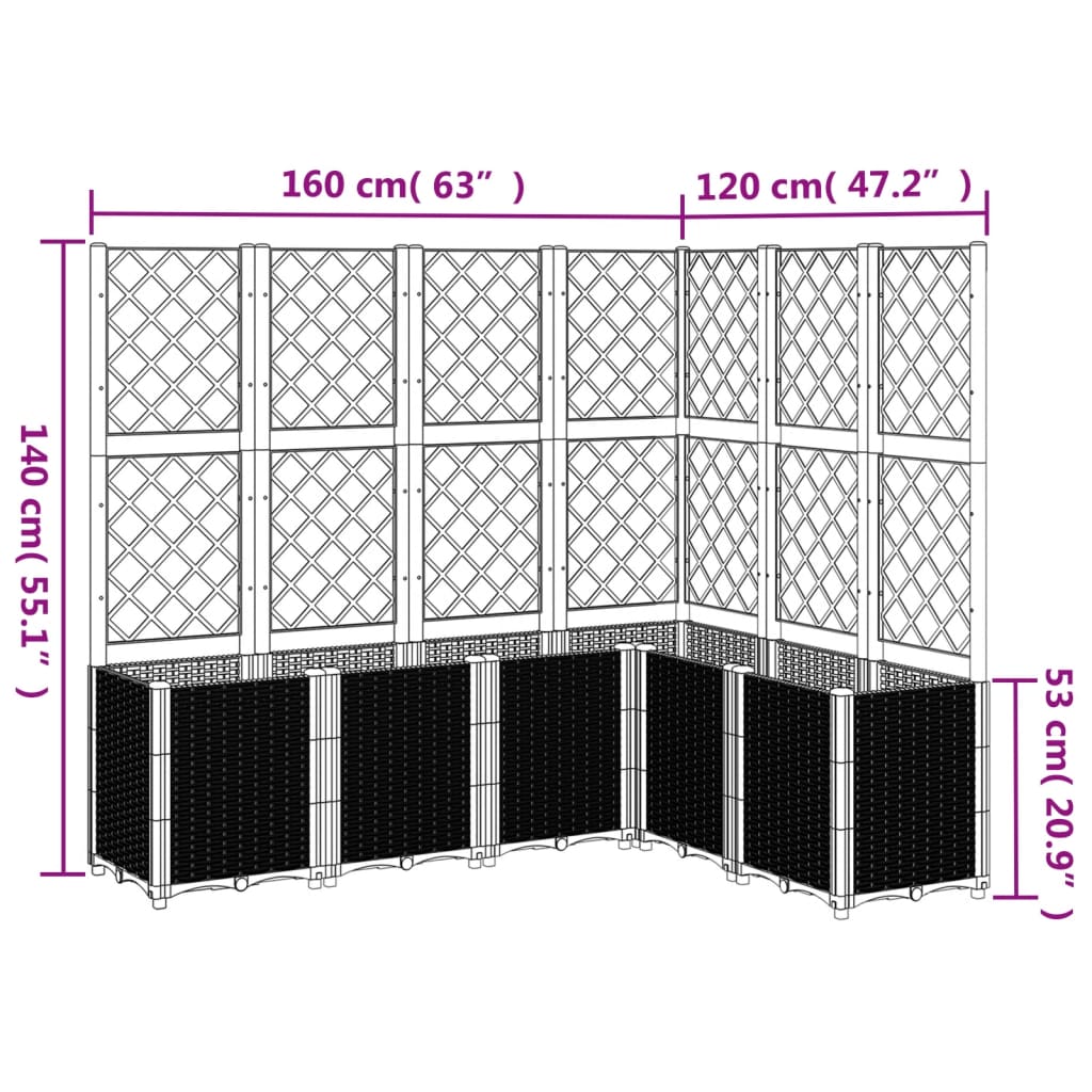 Vaso/floreira de jardim c/ treliça 160x120x140 cm PP cinzento