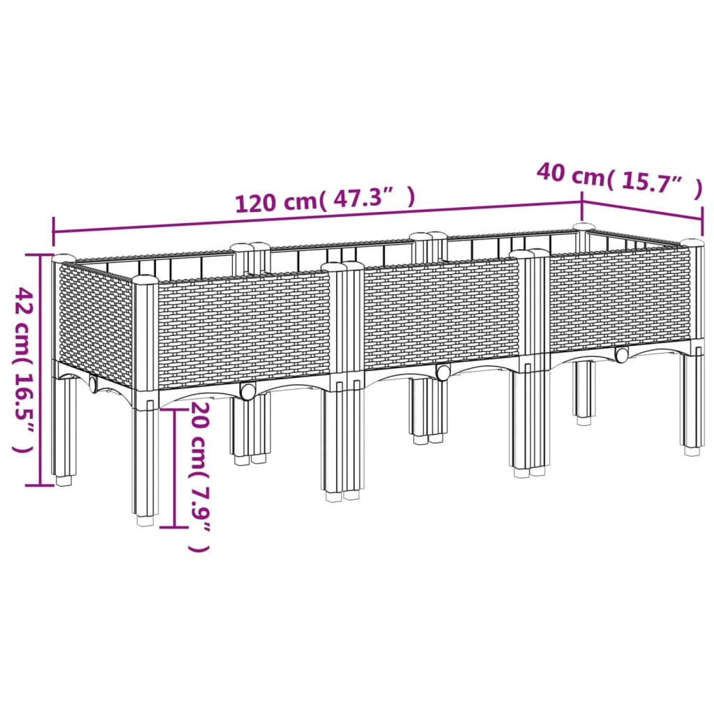 Vaso/floreira de jardim c/ pernas 120x40x42 cm PP castanho