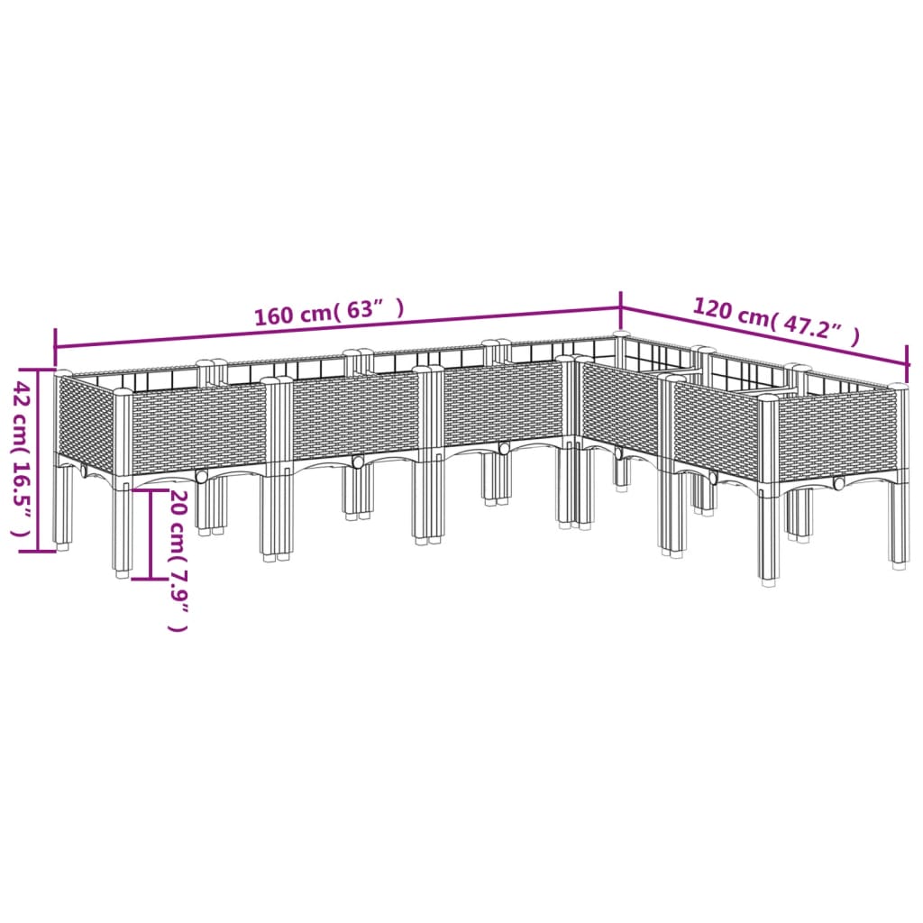 Vaso/floreira de jardim c/ pernas 160x120x42 cm PP cinzento