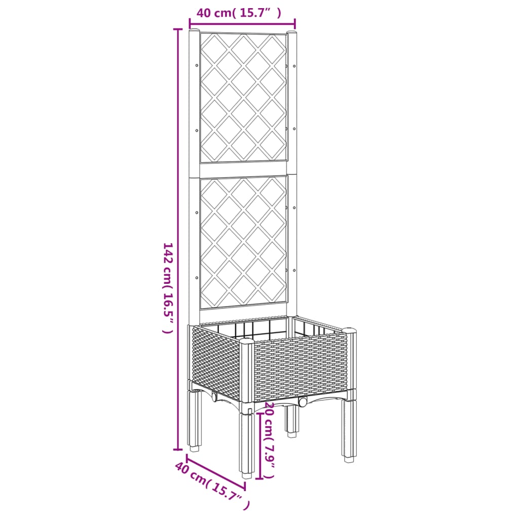 Vaso/floreira jardim c/ treliça 40x40x142 cm PP cinzento-claro