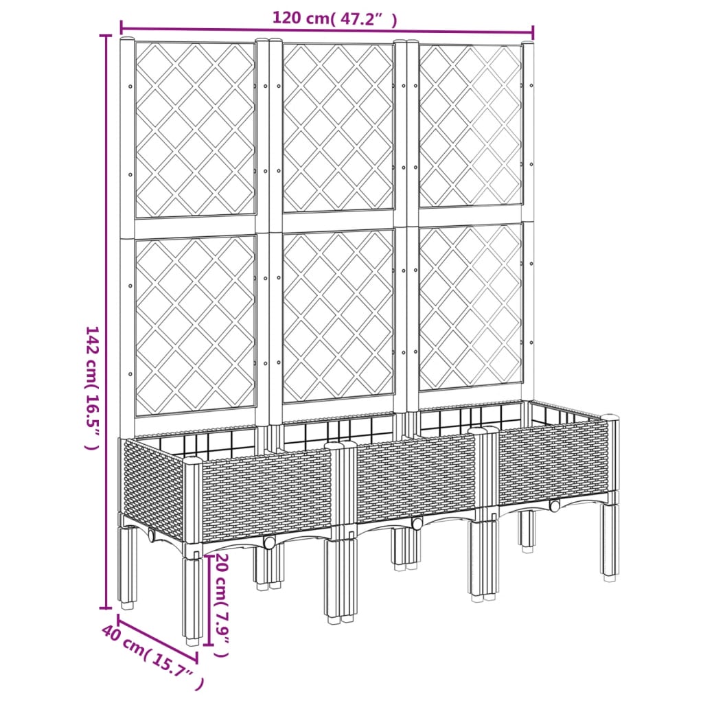 Vaso/floreira de jardim c/ treliça 120x40x142 cm PP castanho