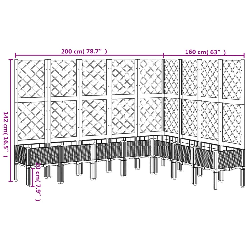 Vaso/floreira de jardim c/ treliça 200x160x142 cm PP preto