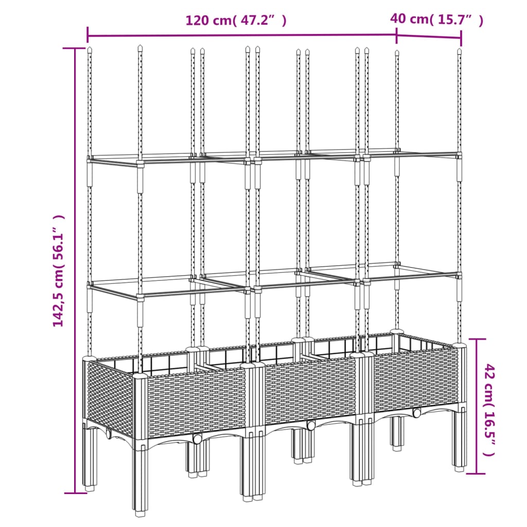 Vaso/floreira de jardim c/ treliça 120x40x142,5 cm PP cinzento