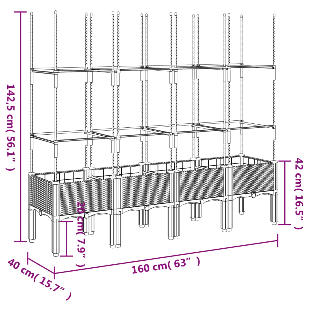 Vaso/floreira jardim c/treliça 160x40x142,5cm PP cinzento-claro