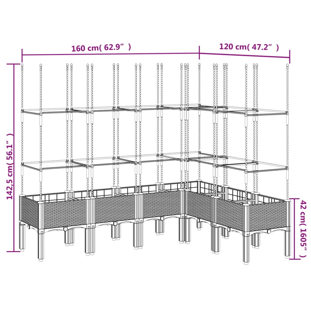 Vaso/floreira jardim c/ treliça 160x120x142,5 cm PP cinza-claro