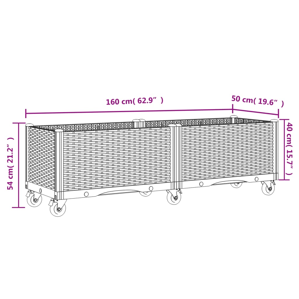 Vaso/floreira de jardim com rodas 160x50x54 cm PP cinzento