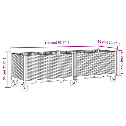 Vaso/floreira de jardim com rodas 160x50x54 cm PP cinzento