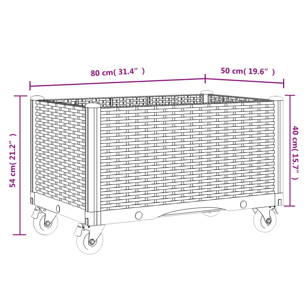 Vaso/floreira de jardim c/ rodas 80x50x54 cm PP cinzento-claro