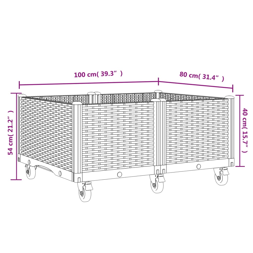 Vaso/floreira de jardim c/ rodas 100x80x54 cm PP cinzento-claro