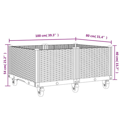 Vaso/floreira de jardim c/ rodas 100x80x54 cm PP cinzento-claro