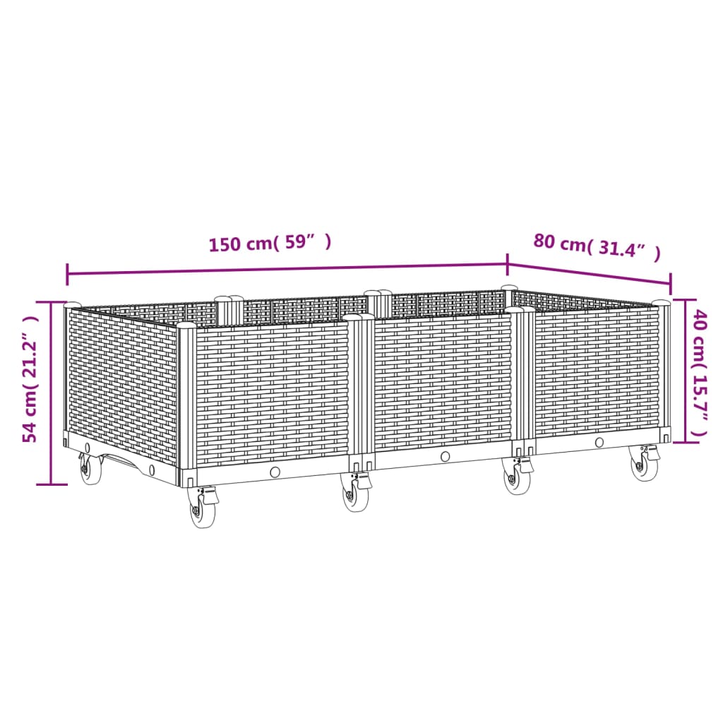 Vaso/floreira de jardim c/ rodas 150x80x54 cm PP cinzento-claro