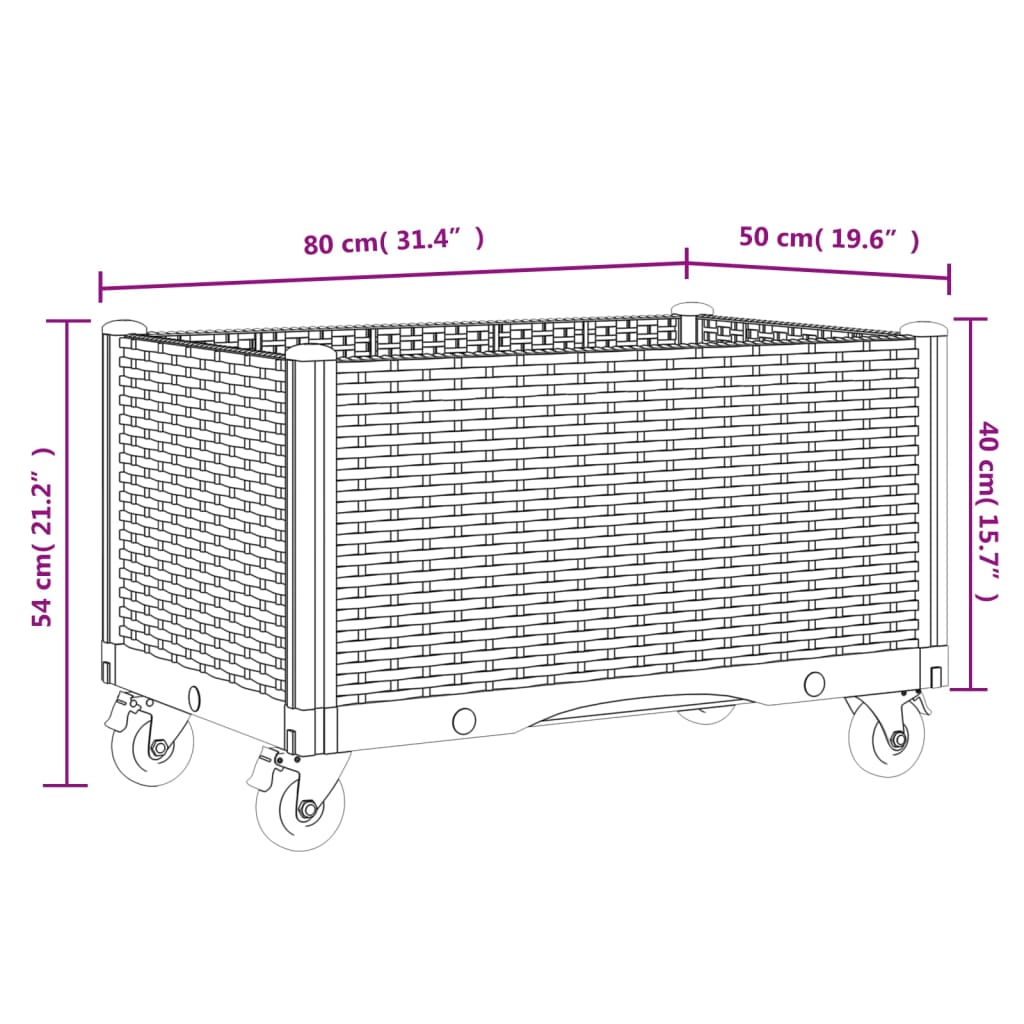 Vaso/floreira de jardim com rodas 80x50x54 cm PP branco