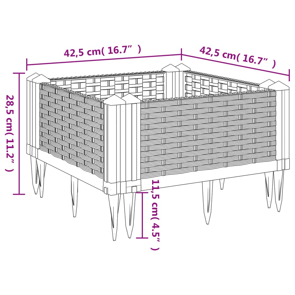 Vaso/floreira jardim c/ estacas 42,5x42,5x28,5 cm PP castanho