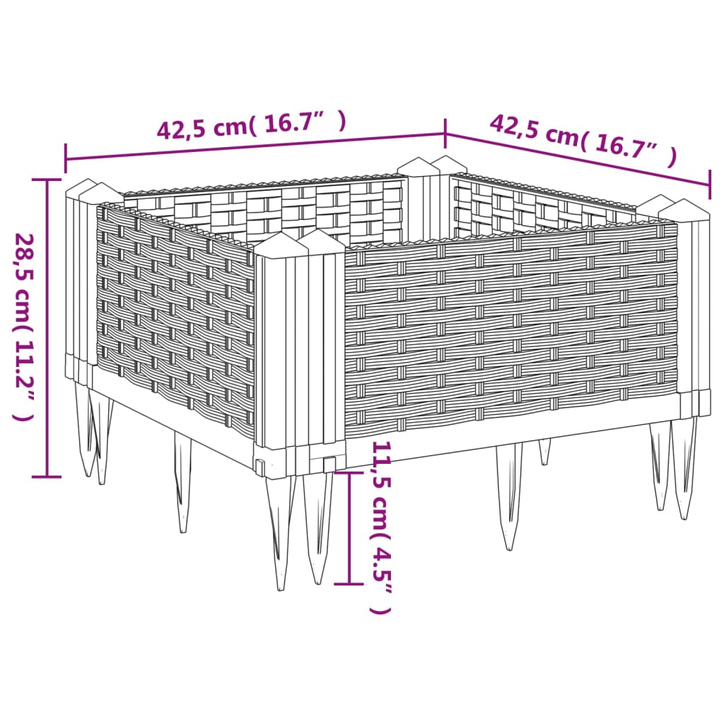 Vaso/floreira de jardim c/ estacas 42,5x42,5x28,5cm PP cinzento