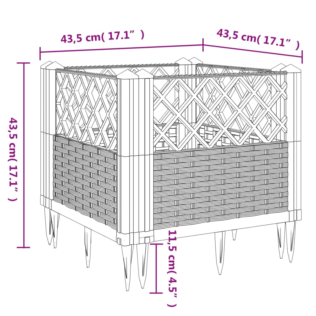 Vaso/floreira de jardim c/ estacas 43,5x43,5x43,5cm PP cinzento