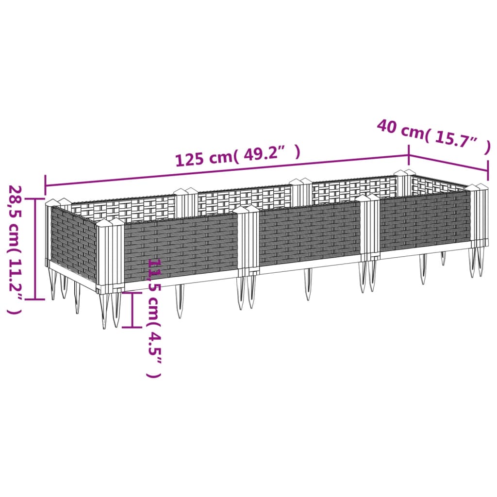 Vaso/floreira de jardim c/ estacas 125x40x28,5 cm PP castanho