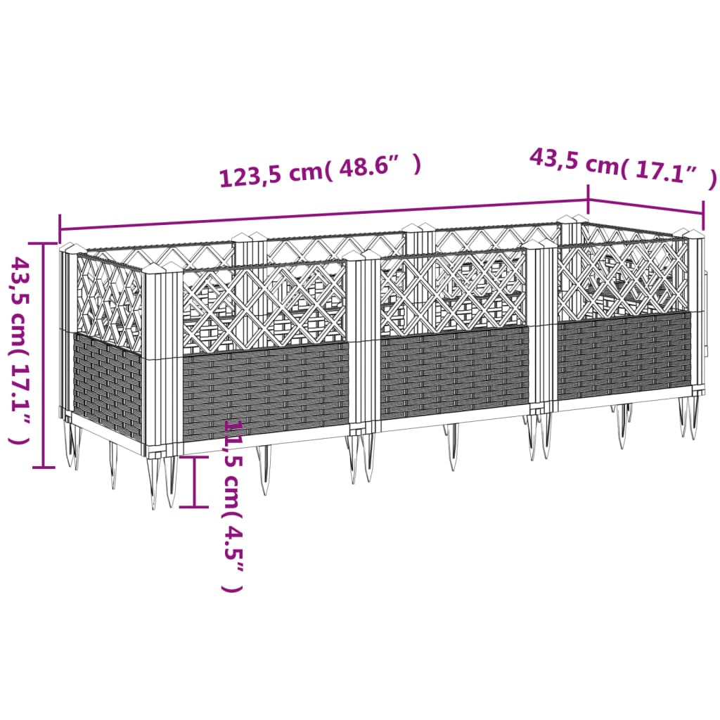 Vaso/floreira jardim c/ estacas 123,5x43,5x43,5 cm PP castanho