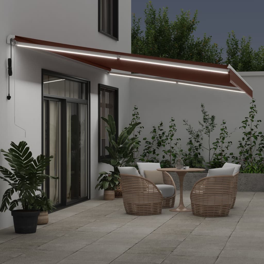 Toldo retrátil automático com luz LED 600x350 cm castanho