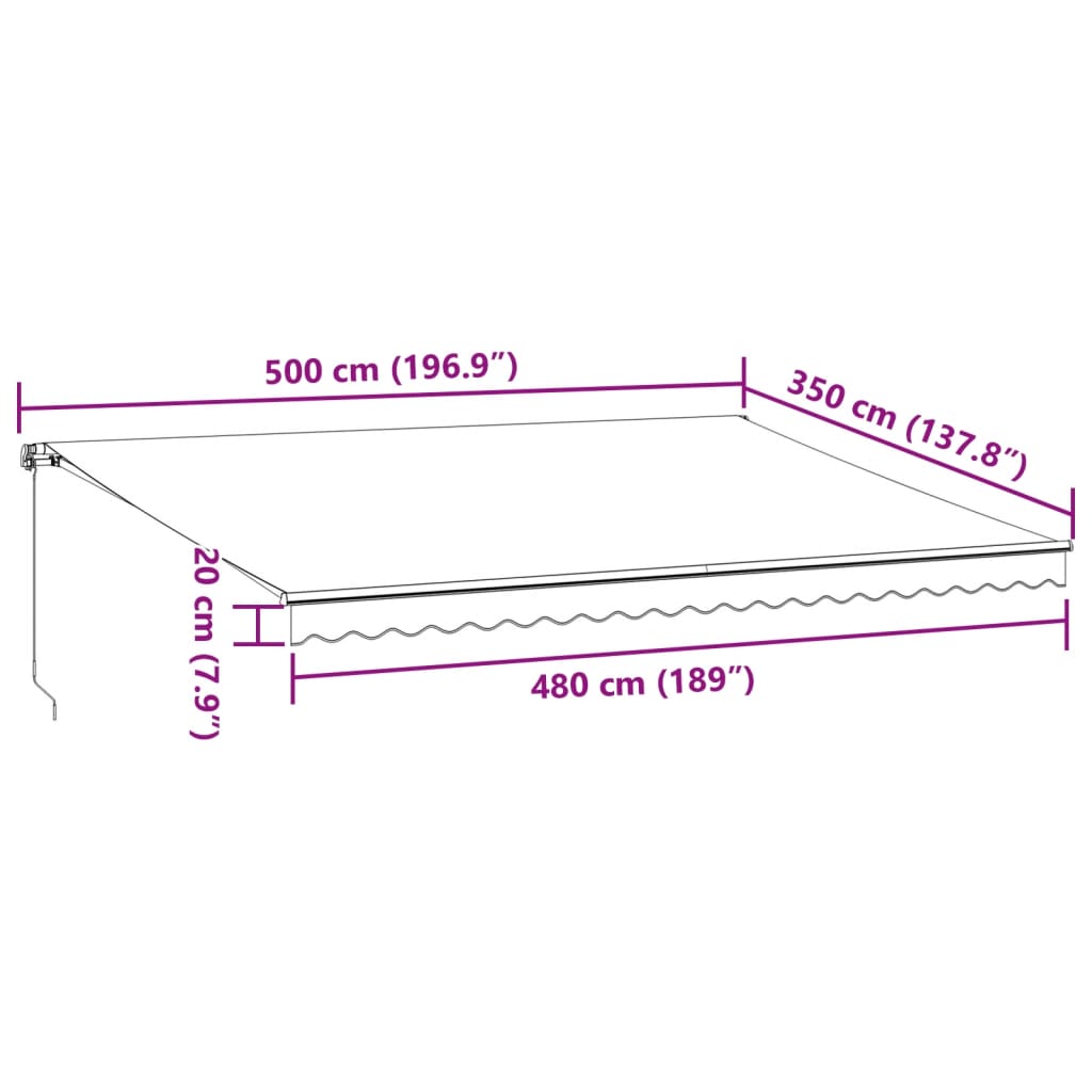 Toldo retrátil manual com luzes LED 500x350 cm castanho