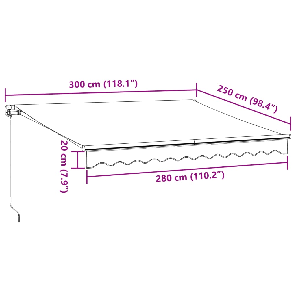 Toldo retrátil manual com luzes LED 300x250 cm castanho