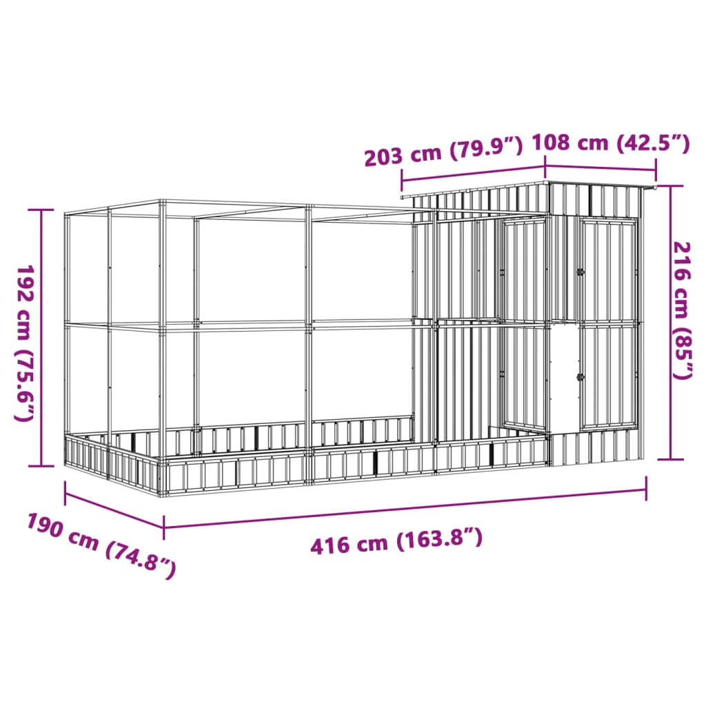 Aviário com extensão 416x203x216 cm aço prateado