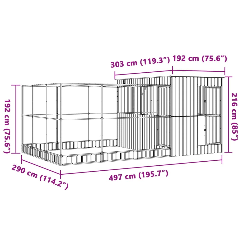 Aviário com extensão 497x303x216 cm aço prateado