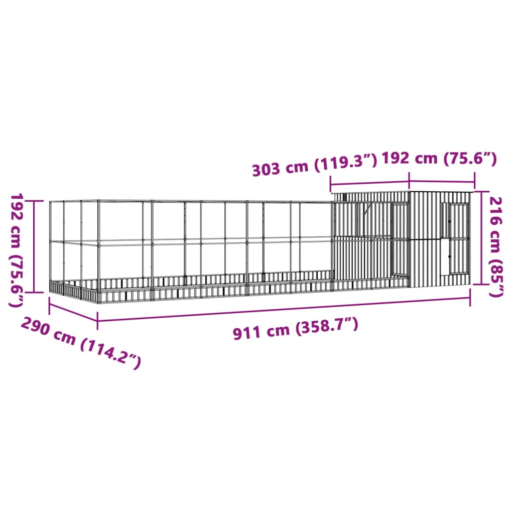 Aviário com extensão 911x303x216 cm aço prateado