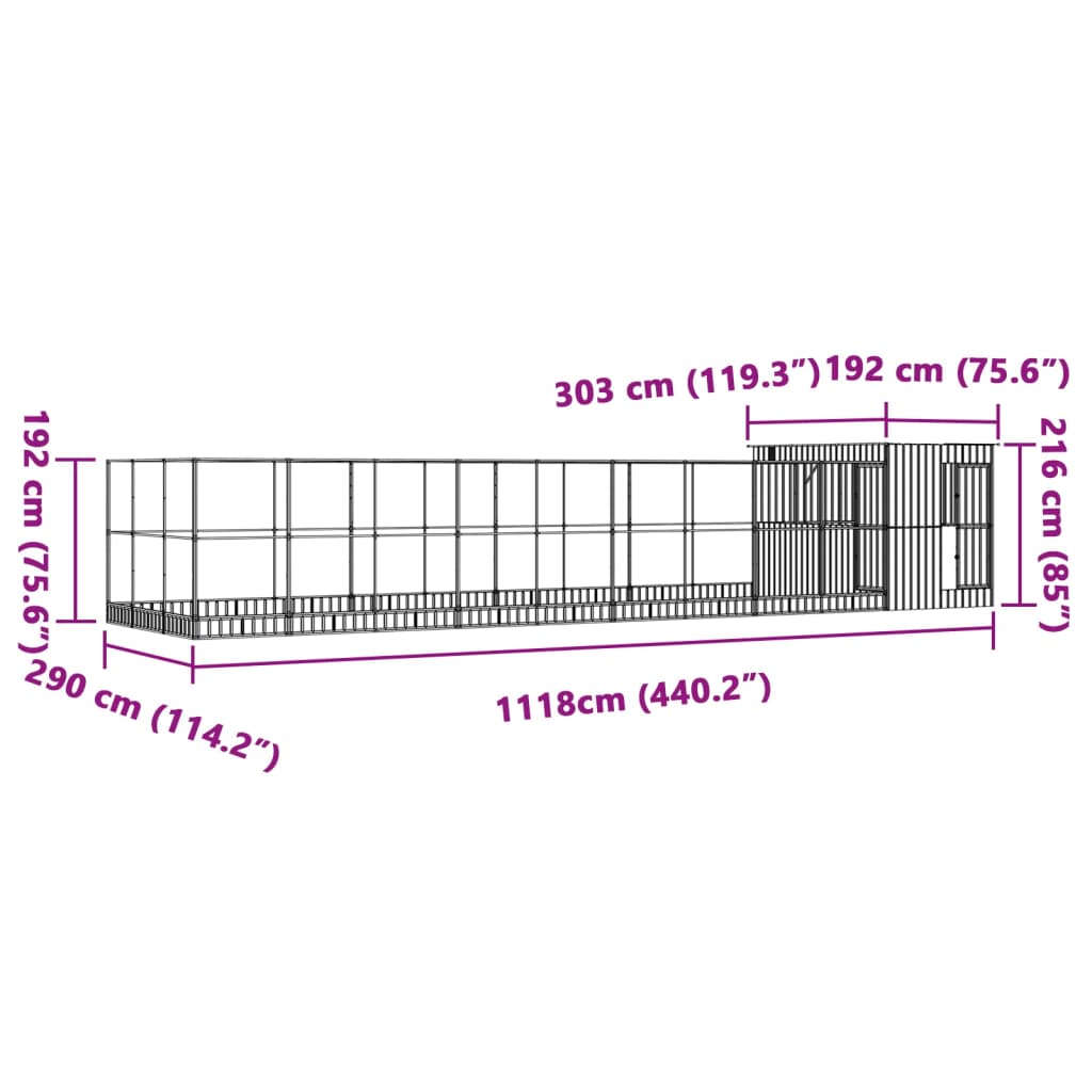 Aviário com extensão 1118x303x216 cm aço prateado