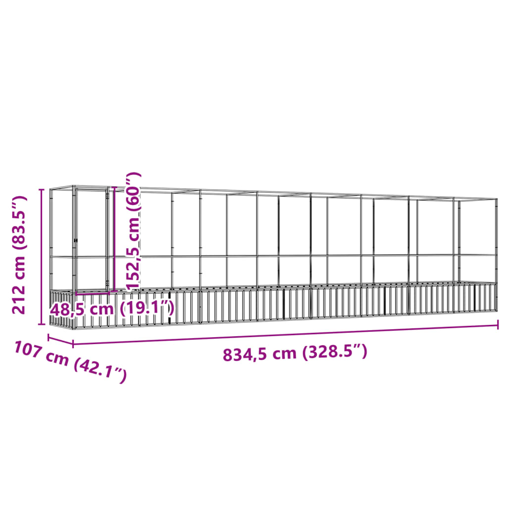 Aviário com extensão 834,5x107x212 cm aço prateado