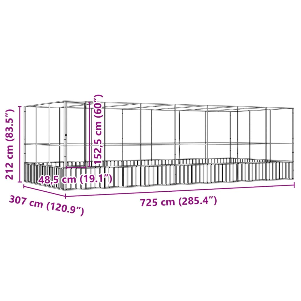 Aviário com extensão 725x307x212 cm aço prateado