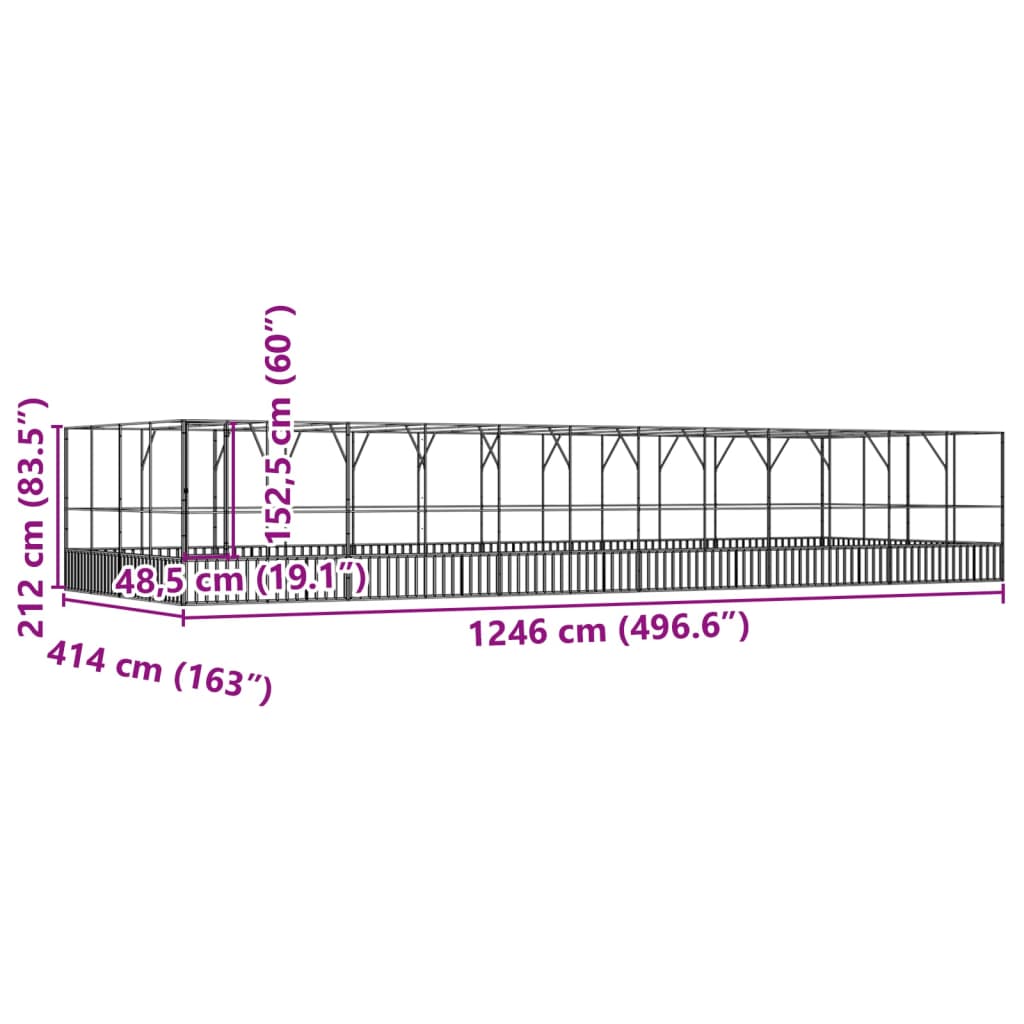 Aviário com extensão 1246x414x212 cm aço prateado