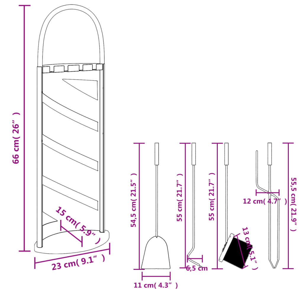 Conjunto de ferramentas para lareira 5 pcs 23x15x66 cm aço