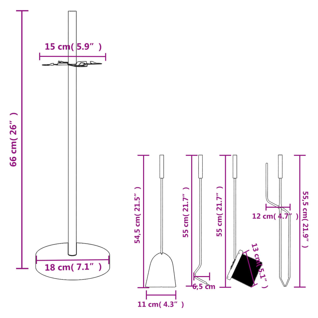 Conjunto de ferramentas para lareira 5 pcs 18x66 cm aço