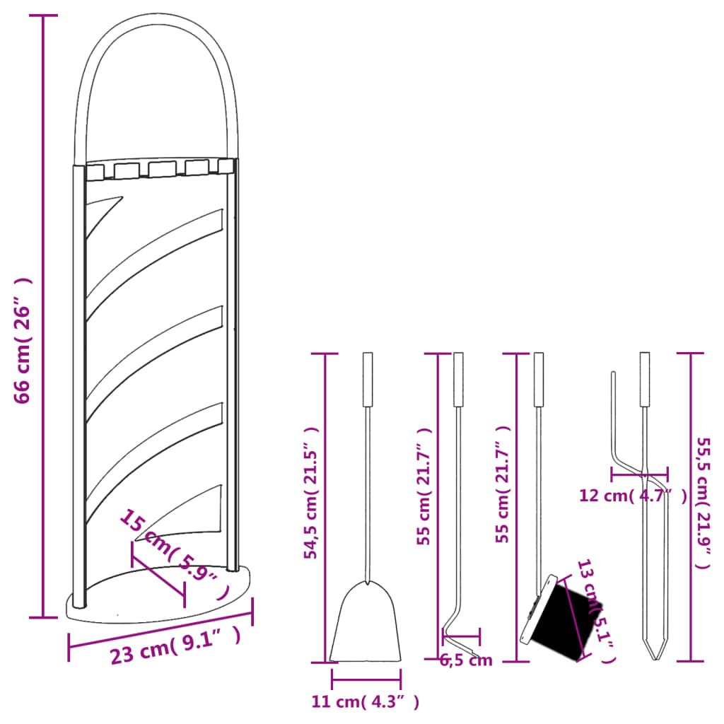 Conjunto de ferramentas para lareira 5 pcs 23x15x66 cm aço