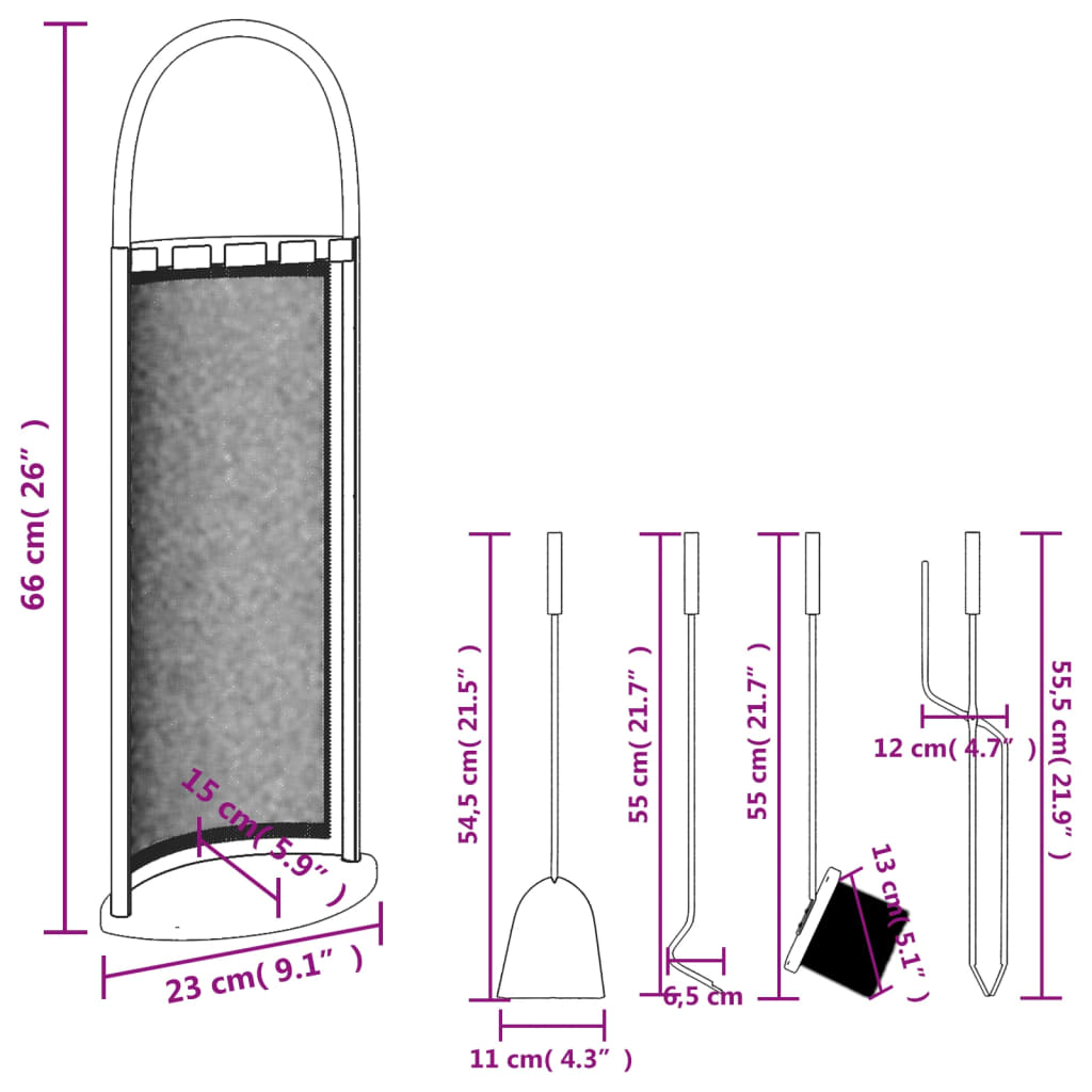 Conjunto de ferramentas para lareira 5 pcs 23x15x66 cm aço