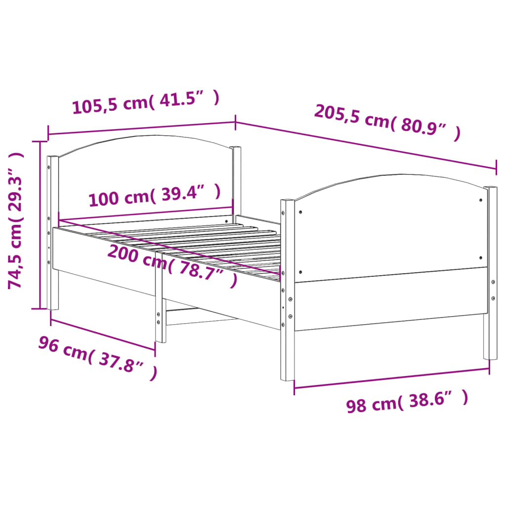 Estrutura de cama com cabeceira 100x200cm pinho maciço