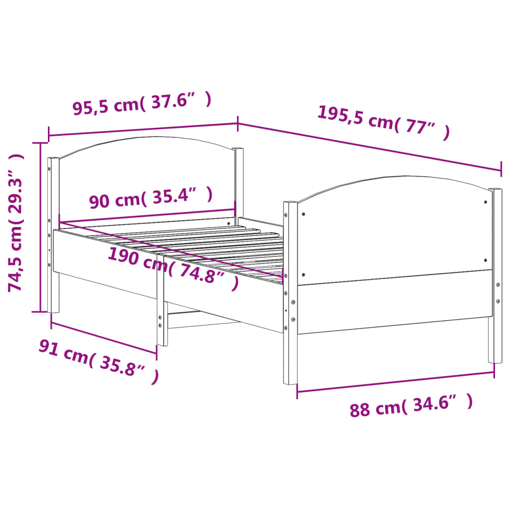 Estrutura de cama com cabeceira 90x190 cm pinho maciço