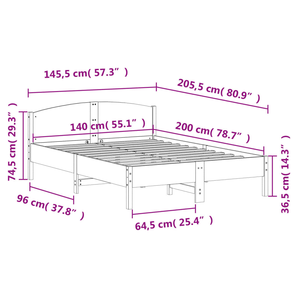 Estrutura de cama com cabeceira 140x200 cm pinho maciço branco