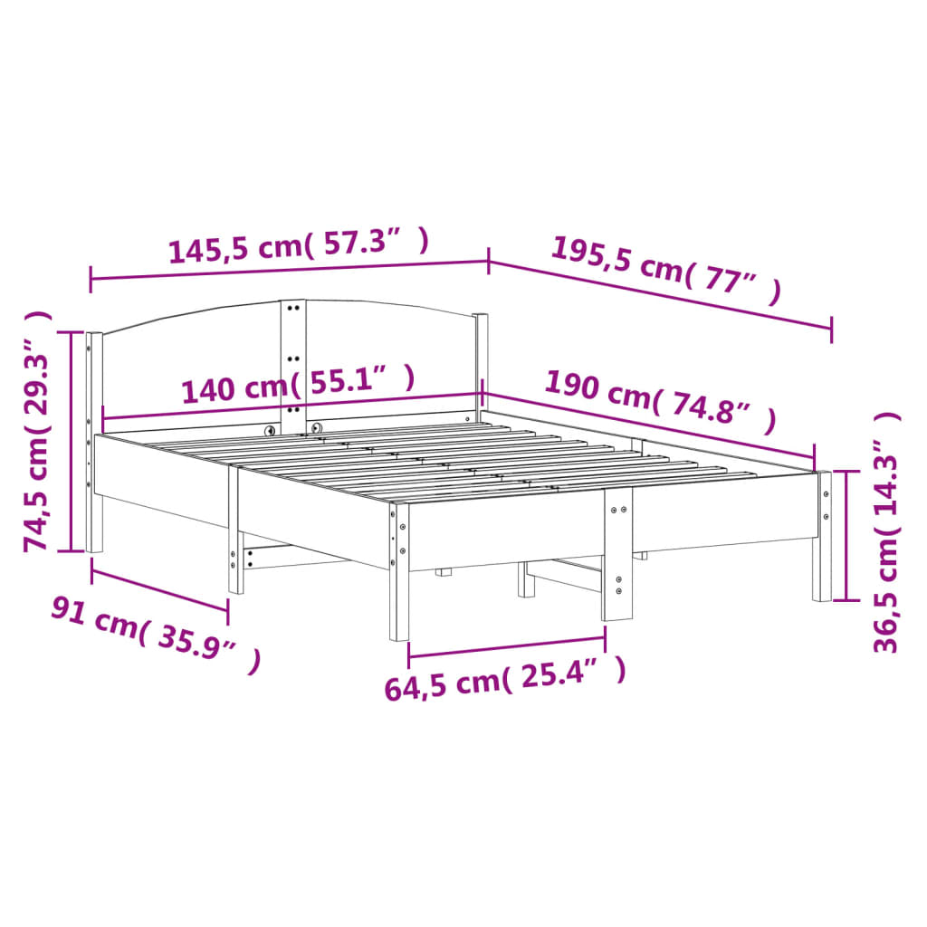 Estrutura cama c/ cabeceira 140x190 cm pinho maciço