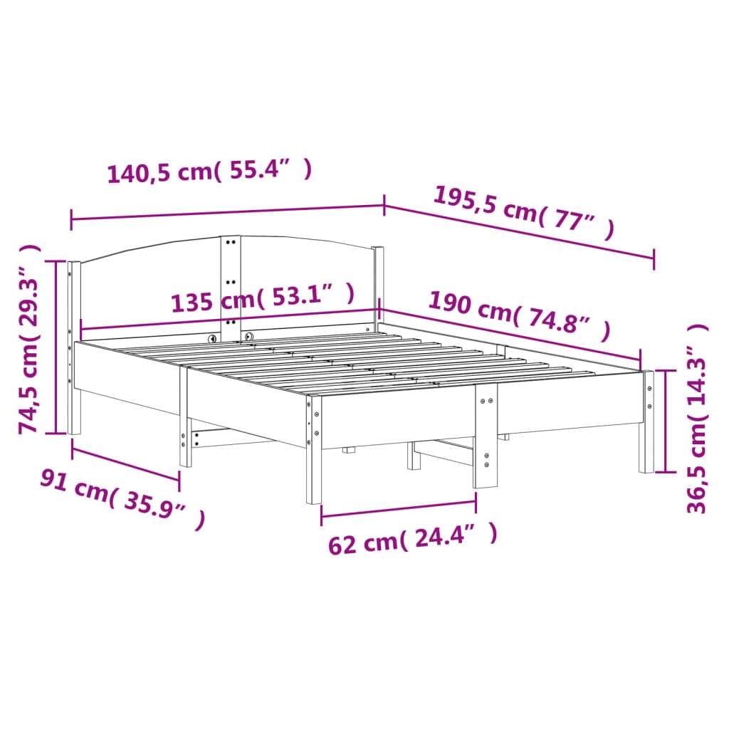 Estrutura cama c/ cabeceira 135x190 cm pinho maciço branco