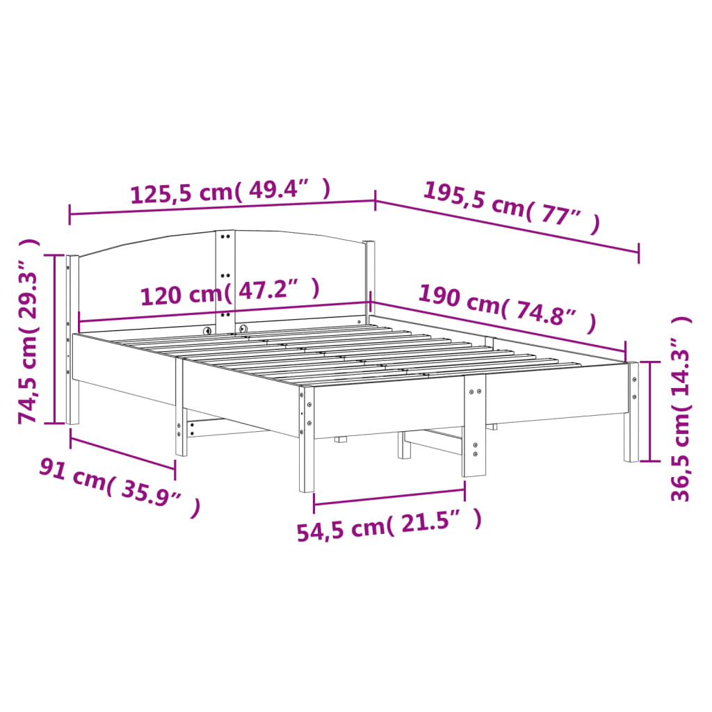 Estrutura cama c/ cabeceira 120x190 cm pinho maciço