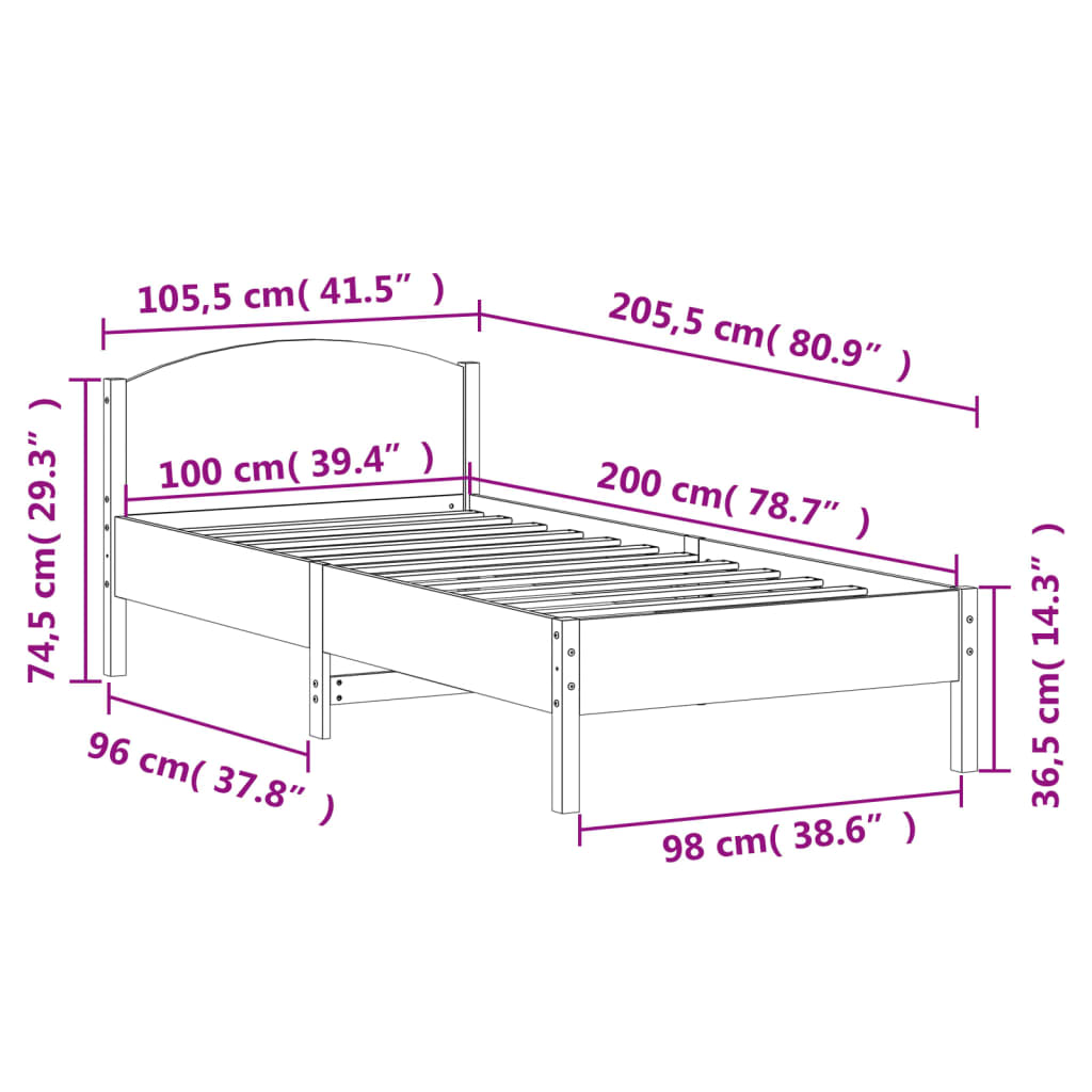 Estrutura de cama com cabeceira 100x200cm pinho maciço branco