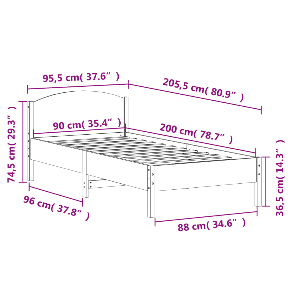 Estrutura de cama com cabeceira 90x200 cm pinho maciço