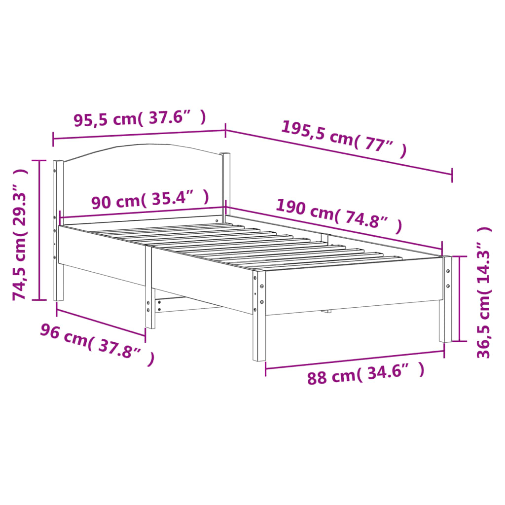 Estrutura de cama com cabeceira 90x190 cm pinho maciço