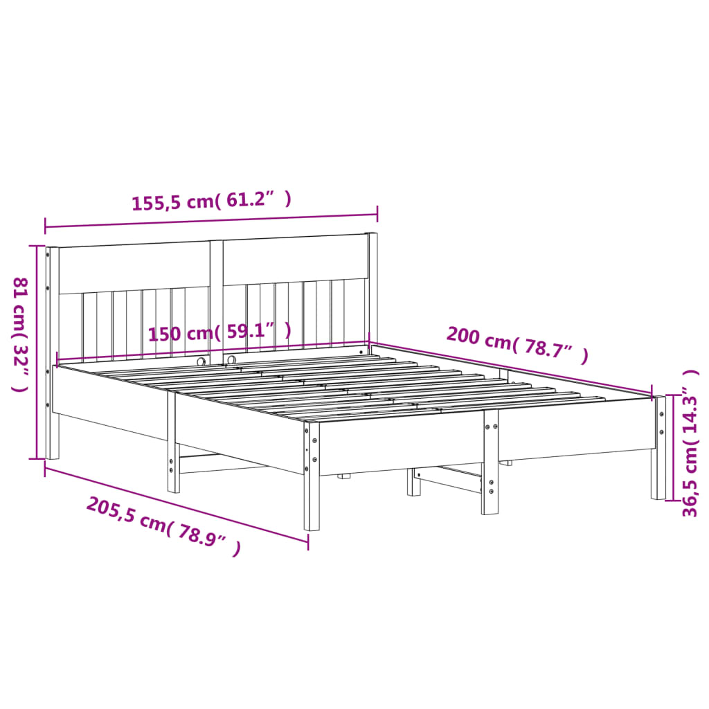 Estrutura de cama c/ cabeceira 150x200 cm pinho maciço