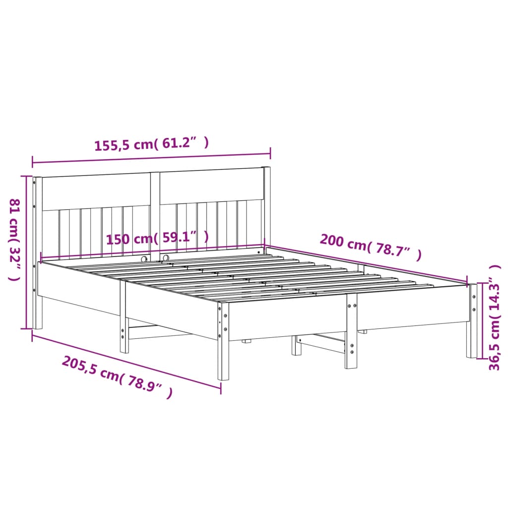 Estrutura cama c/ cabeceira 150x200cm pinho maciço castanho-mel