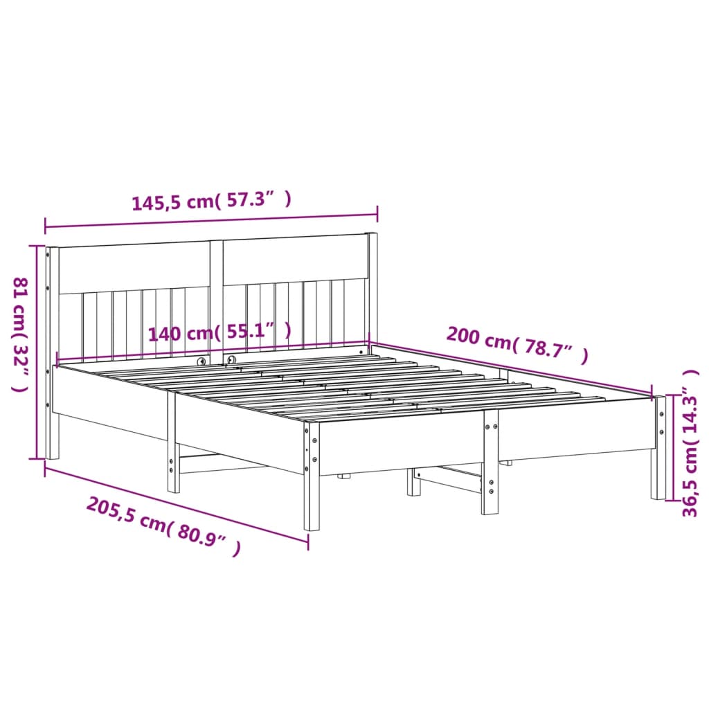 Estrutura de cama com cabeceira 140x200 cm pinho maciço